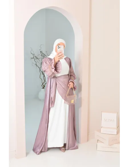 Abaya Dubaï 4 pièces aspect organza satinée brillant Mauve !