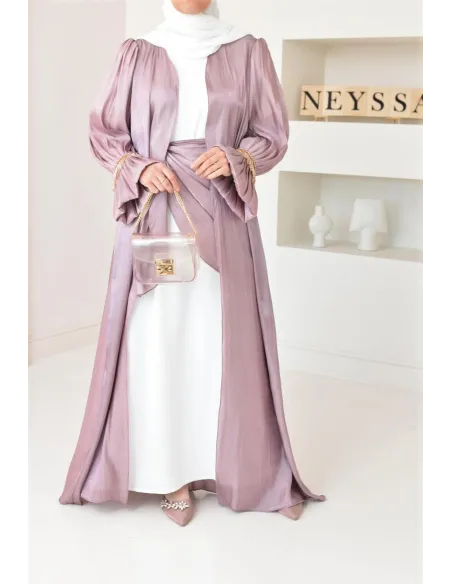 Abaya Dubaï 4 pièces aspect organza satinée brillant Mauve !