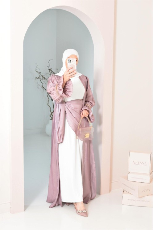 Abaya Dubaï 4 pièces aspect organza satinée brillant Mauve !