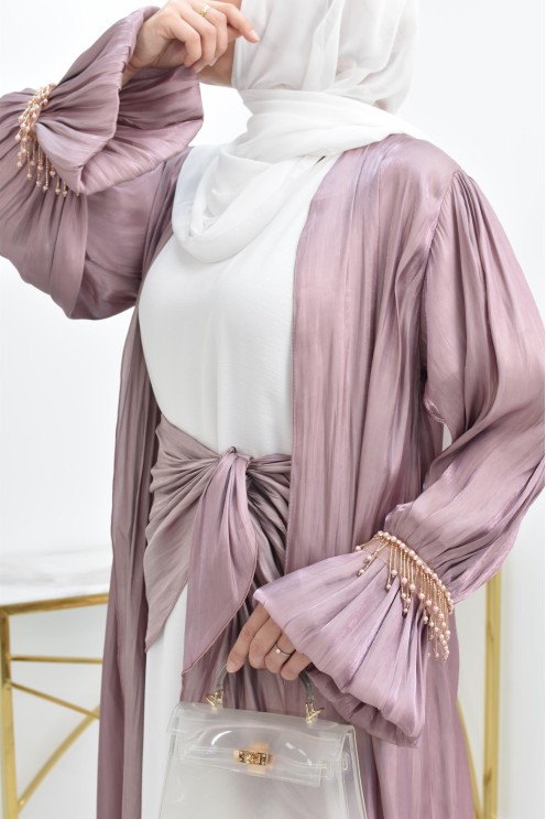 Abaya Dubaï 4 pièces aspect organza satinée brillant Mauve !