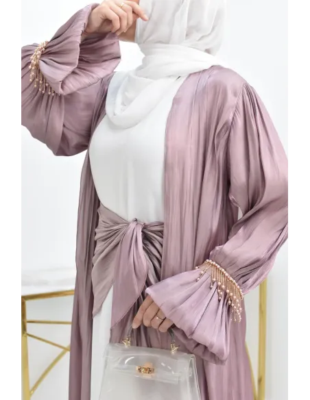Abaya Dubaï 4 pièces aspect organza satinée brillant Mauve !