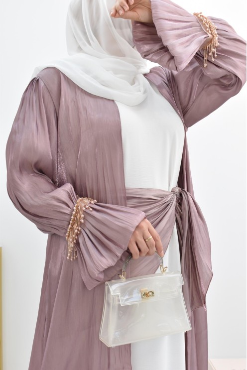 Abaya Dubaï 4 pièces aspect organza satinée brillant Mauve !