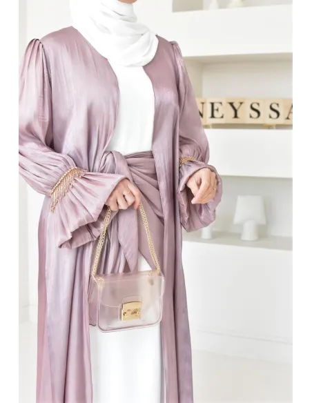 Abaya Dubaï 4 pièces aspect organza satinée brillant Mauve !