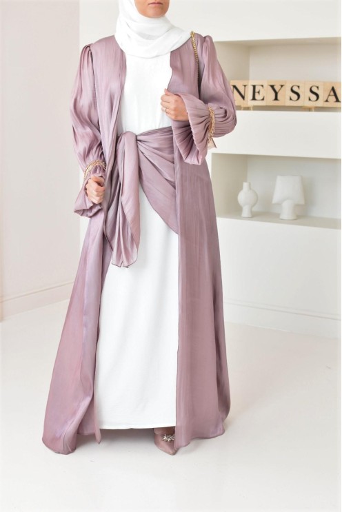 Abaya Dubaï 4 pièces aspect organza satinée brillant Mauve !