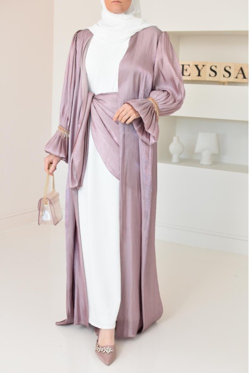 Abaya Dubaï 4 pièces aspect organza satinée brillant Mauve !