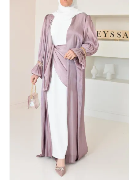 Abaya Dubaï 4 pièces aspect organza satinée brillant Mauve !
