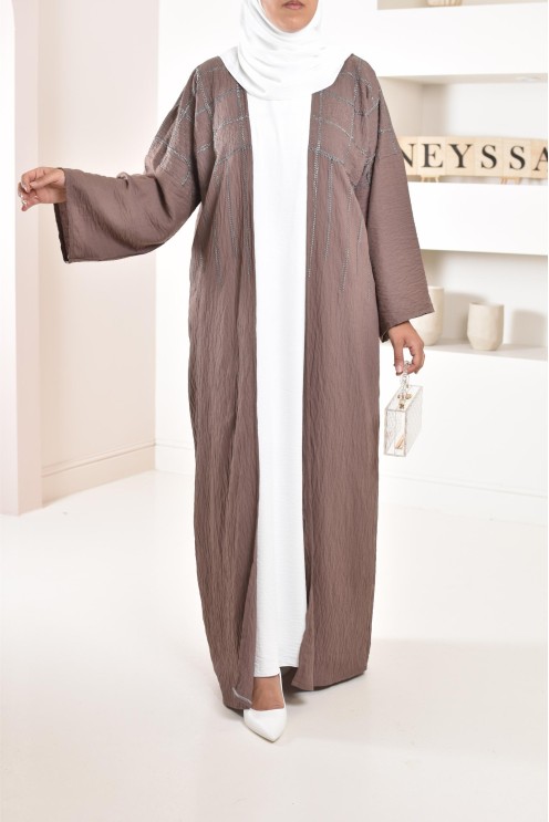 kimono Abaya Dubaï marron brodé, coupe ample, tenue pudique, motifs style japonais