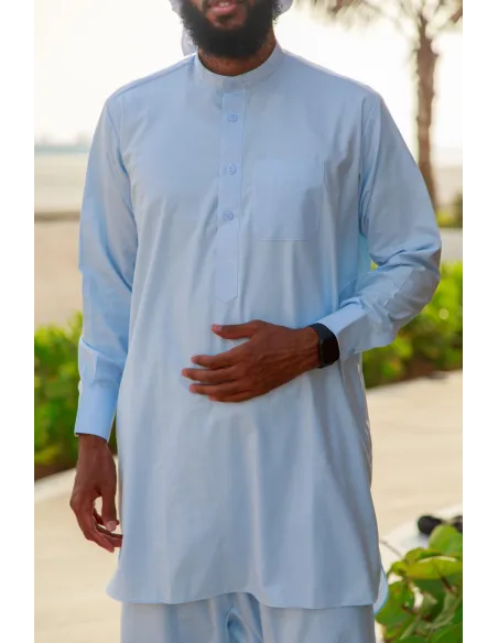 High-end 2-piece Pakistani Qamis, blue linen fabric, ideal for praying