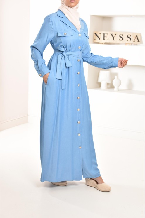 Robe longue style jean avec boutons, coupe modeste, compatible à l'allaitement