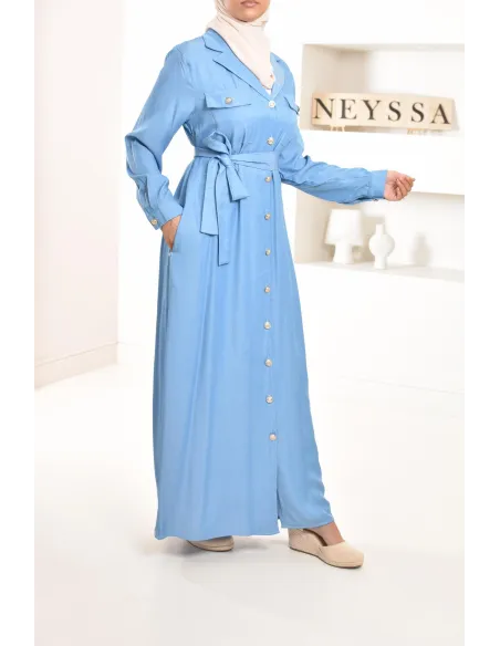 Robe longue style jean avec boutons, coupe modeste, compatible à l'allaitement