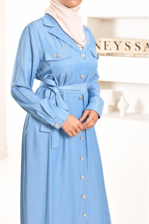 Robe longue style jean avec boutons, coupe modeste, compatible à l'allaitement