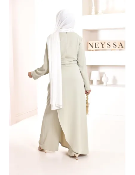 1-piece green jumpsuit: integrated tunic and palazzo, modest outfit.
