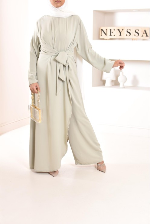1-piece green jumpsuit: integrated tunic and palazzo, modest outfit.