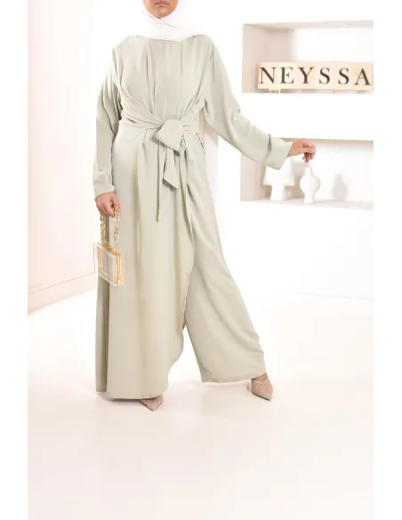 1-piece green jumpsuit: integrated tunic and palazzo, modest outfit.