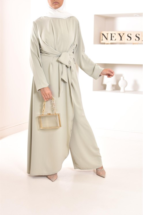 1-piece green jumpsuit: integrated tunic and palazzo, modest outfit.