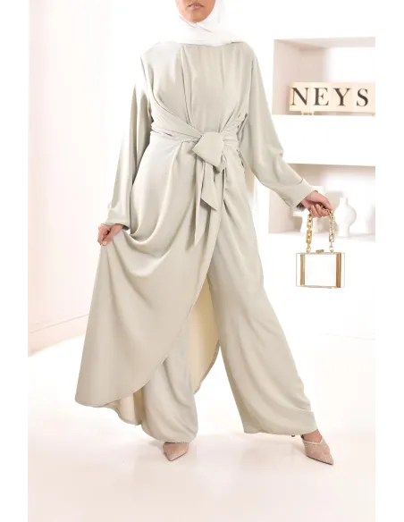 1-piece green jumpsuit: integrated tunic and palazzo, modest outfit.