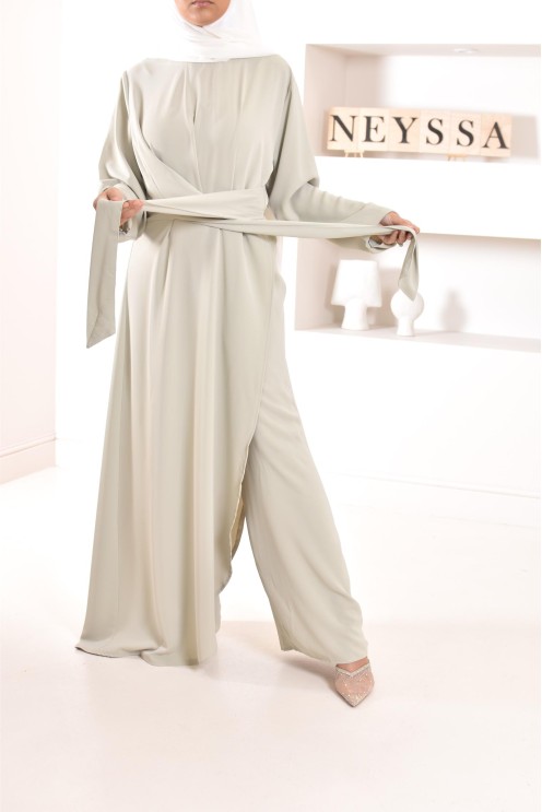 1-piece green jumpsuit: integrated tunic and palazzo, modest outfit.