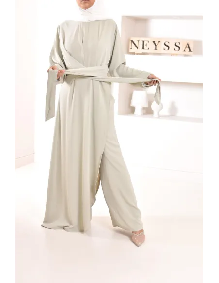 1-piece green jumpsuit: integrated tunic and palazzo, modest outfit.