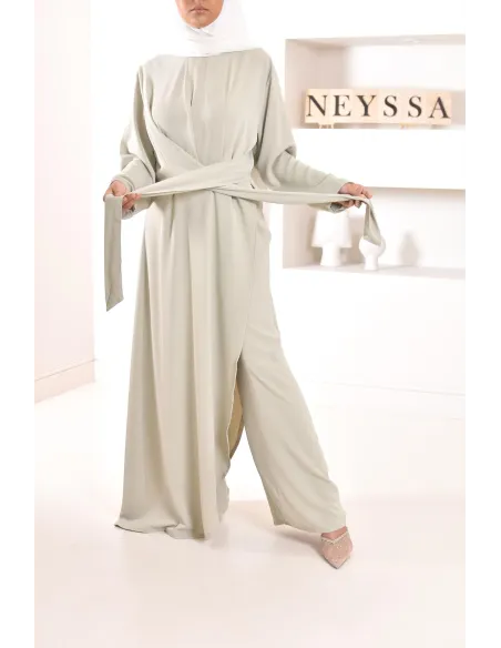 1-piece green jumpsuit: integrated tunic and palazzo, modest outfit.
