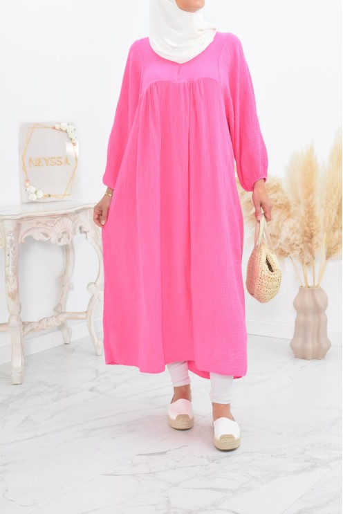 Longue Tunique femme évasée style modest fashion col V.