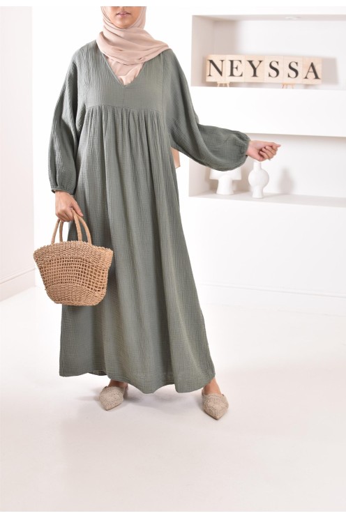 Longue Tunique femme évasée style modest fashion col V.