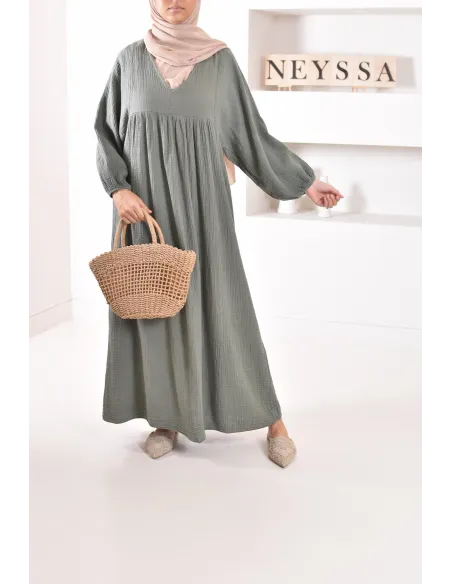 Longue Tunique femme évasée style modest fashion col V.