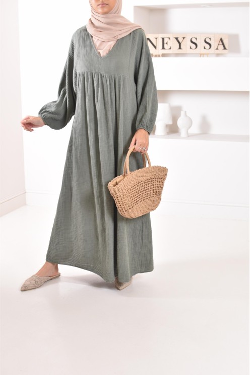 Longue Tunique femme évasée style modest fashion col V.