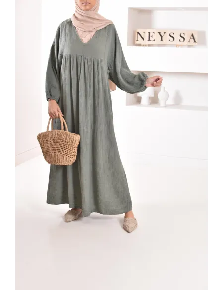 Longue Tunique femme évasée style modest fashion col V.