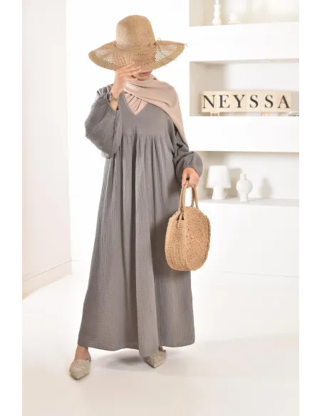 Longue Tunique femme évasée style modest fashion col V.