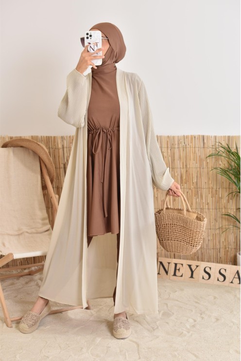 Burkini large mastour marron coupe évasée avec cagoule intégrée femme voilée musulmane