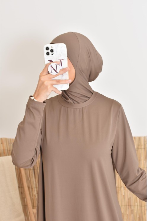 Burkini with long hijab, including pants and tunic, opaque and resistant 