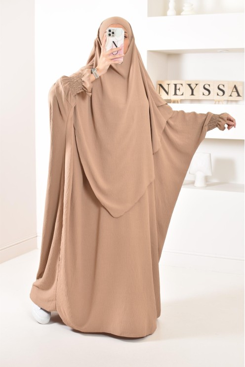 Ensemble abaya et khimar 2 voiles assorti en Jazz, tenue légiférée pour la femme musulmane