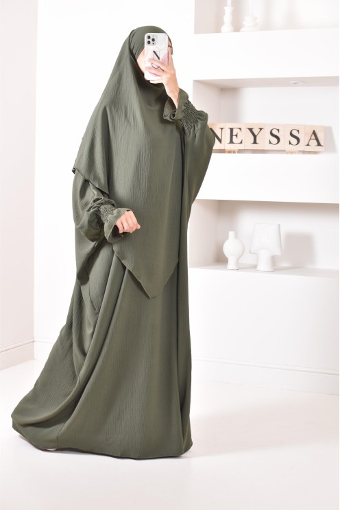 Ensemble abaya et khimar 2 voiles assorti en Jazz, tenue légiférée pour la femme musulmane