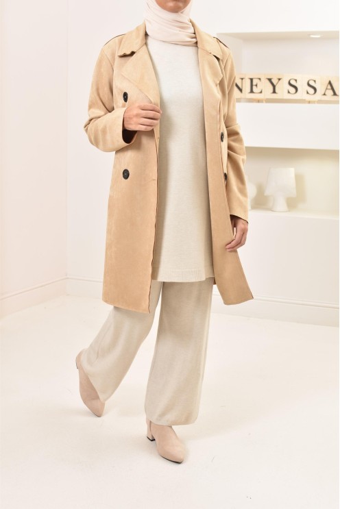 Trench en daim beige pour femme, coupe mi-longue, idéal pour la mi-saison