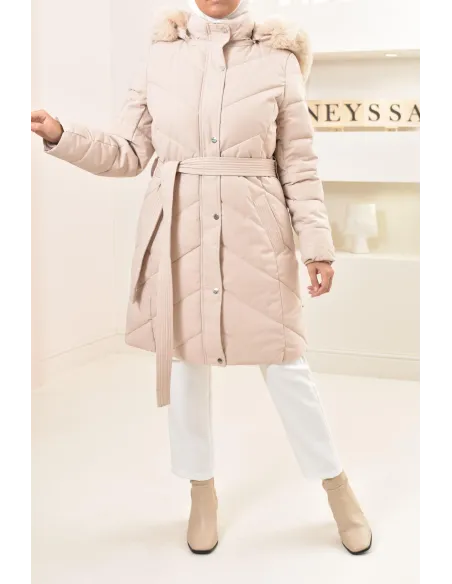 Lange, gesteppte, beigefarbene Daunenjacke mit Innenfell, ultrawarm