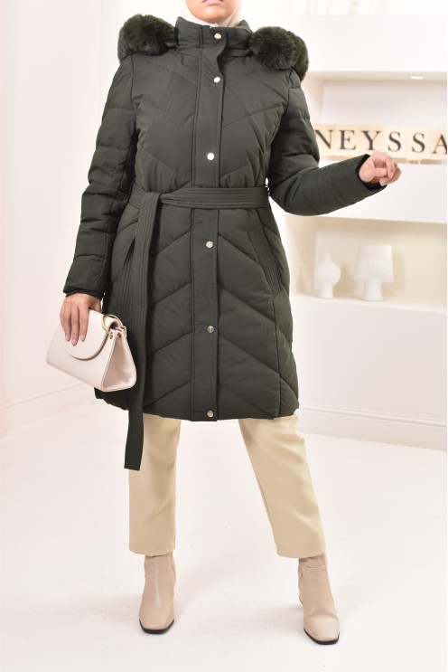 Doudoune longue kaki, matelassée, capuche et intérieur à fourrure