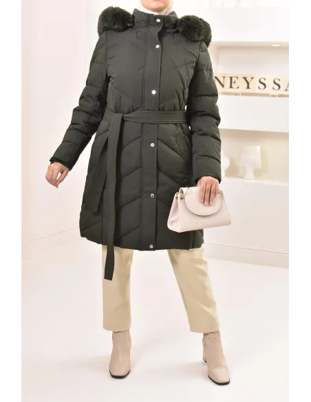 Doudoune longue kaki, matelassée, capuche et intérieur à fourrure