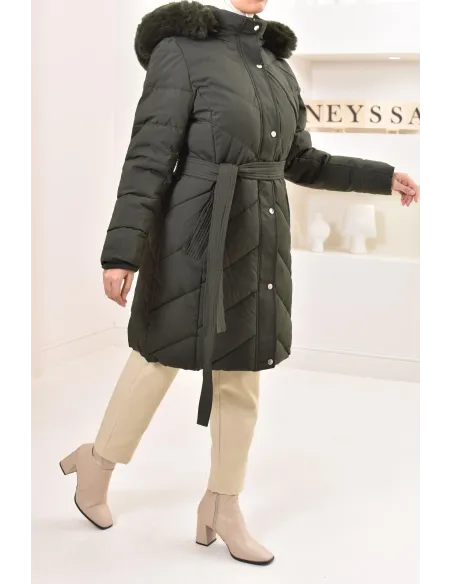 Doudoune longue kaki, matelassée, capuche et intérieur à fourrure
