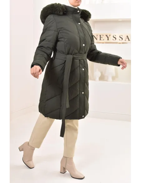 Doudoune longue kaki, matelassée, capuche et intérieur à fourrure