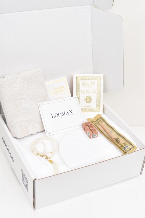 Männerbox Omra Hajj, ideal als Geschenk,Ihram Outfit Box, Premium Qamis, Gebetsteppich