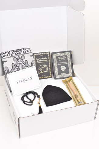 Coffret homme Omra Hajj box tenue Ihram, Qamis prémium tapis de prière