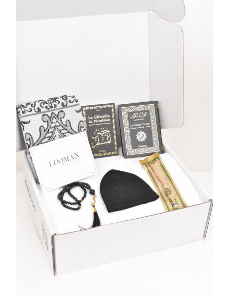Coffret homme Omra Hajj box tenue Ihram, Qamis prémium tapis de prière