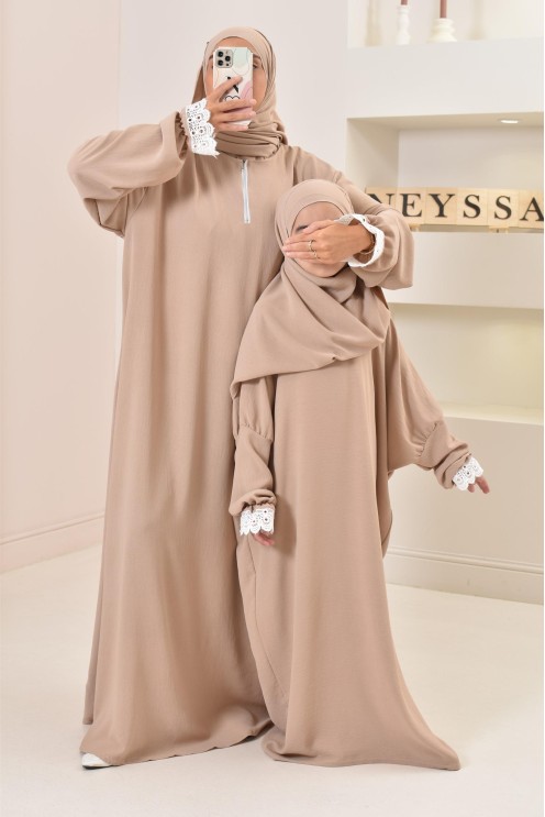 Combo robe abaya de prière mère/ fille avec détails de dentelle ramadan et Aid