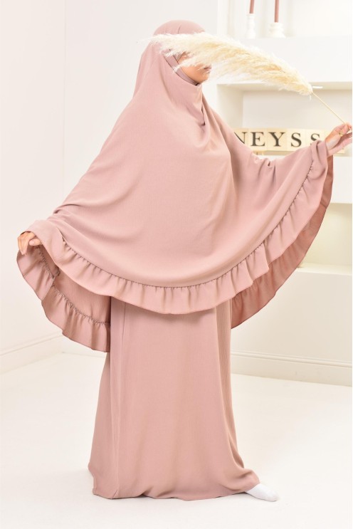 Ensemble abaya khimar soie de Jazz, khimar long avec froufrou