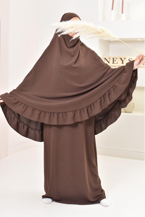 Ensemble abaya khimar soie de Jazz, khimar long avec froufrou