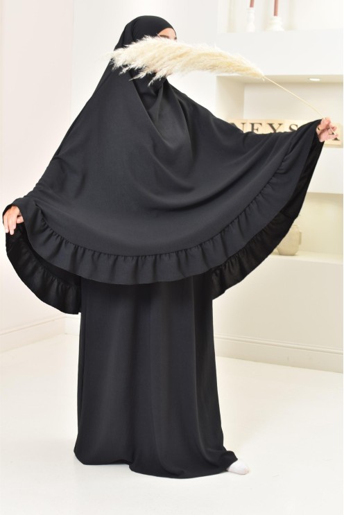 Ensemble abaya khimar soie de Jazz, khimar long avec froufrou