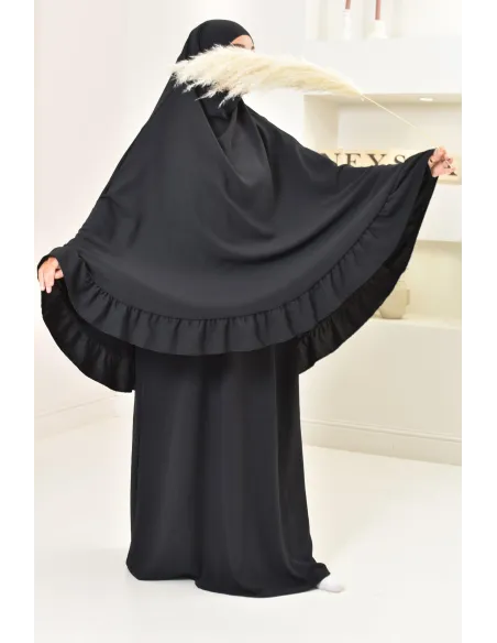 Ensemble abaya khimar soie de Jazz, khimar long avec froufrou