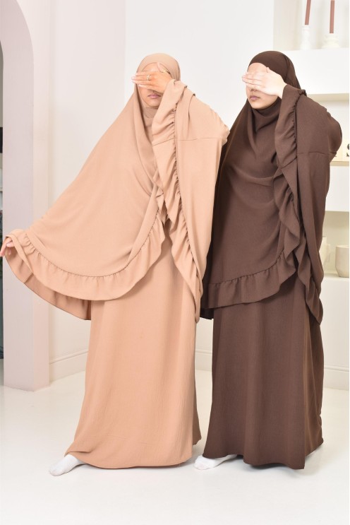 Ensemble abaya khimar soie de Jazz, khimar long avec froufrou