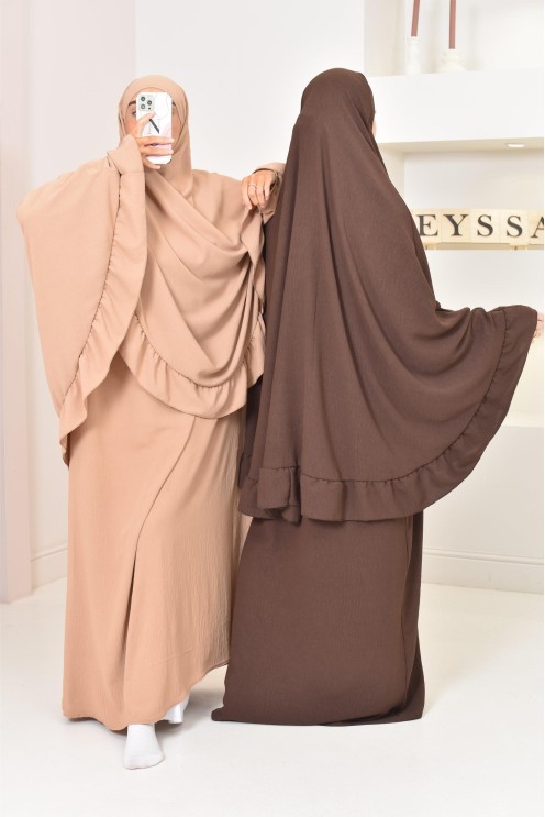 Ensemble abaya khimar 1m80 en jazz, khimar long avec froufrou