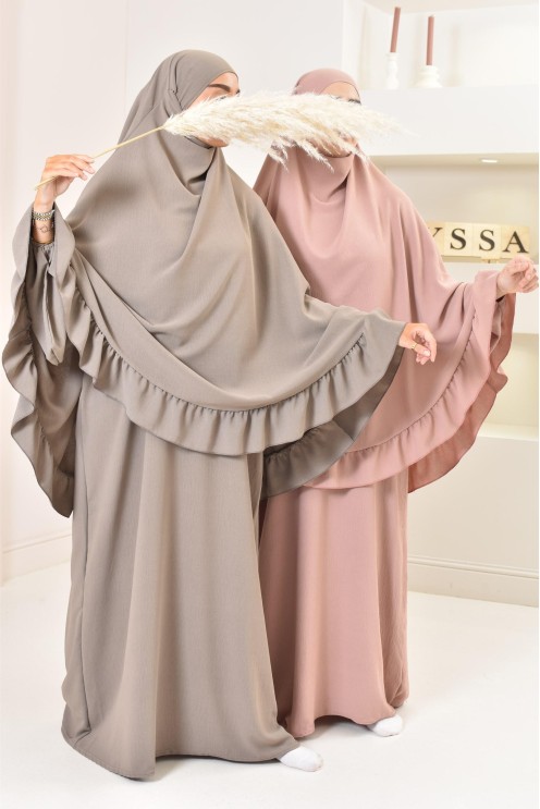 Ensemble abaya khimar 1m80 en jazz, khimar long avec froufrou